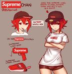  :3 baseball_cap cigarette danielle_brindle english gun hat label personification red_eyes red_hair shirt short_hair shorts smoking sticker supreme twitter_username weapon white_shirt 