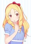  azumi_akitake blonde_hair blue_dress bow breasts brown_eyes commentary_request dress drill_hair eromanga_sensei eyebrows_visible_through_hair finger_to_mouth hairband long_hair looking_at_viewer puffy_short_sleeves puffy_sleeves red_bow red_hairband short_sleeves signature small_breasts smile solo striped twin_drills upper_body vertical_stripes yamada_elf 