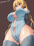  arms_behind_back artist_name bikini blend_s blonde_hair blue_bikini blue_eyes blush boots breasts brown_background center_opening commentary_request embarrassed hair_between_eyes head_scarf highres hinata_kaho kirara_fantasia large_breasts leotard long_hair looking_at_viewer looking_down navel simple_background solo sweat swimsuit thigh_boots thighhighs thighs tomato_rice twintails twitter_username unzipped very_long_hair wide_hips zipper 