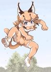  :3 animal_ears ankle_boots bare_shoulders blue_eyes blush boots bow bowtie caracal_(kemono_friends) closed_mouth commentary_request elbow_gloves eyebrows_visible_through_hair gloves high-waist_skirt highres jumping kemono_friends looking_at_viewer orange_gloves orange_hair orange_legwear orange_neckwear orange_skirt photo-referenced short_hair skirt solo tanaka_kusao thighhighs 