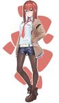  ankle_boots bad_id bad_pixiv_id belt between_breasts blue_eyes boots breasts brown_hair brown_legwear collared_shirt denim denim_shorts full_body hair_between_eyes hand_on_hip highres jacket long_hair long_sleeves looking_at_viewer makise_kurisu medium_breasts necktie necktie_between_breasts off_shoulder pantyhose se.a shirt short_shorts shorts simple_background smile solo standing steins;gate white_background 