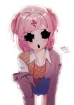  :o artist_name bent_over blazer blue_skirt blurry blush breasts collarbone collared_shirt covered_eyes covered_mouth dated doki_doki_literature_club eyebrows_visible_through_hair glitch hair_ornament hairclip jacket long_sleeves looking_at_viewer medium_breasts miniskirt natsuki_(doki_doki_literature_club) open_mouth orange_sweater pink_eyes pink_hair pleated_skirt removing_jacket ribbon school_uniform shirt short_hair signature simple_background skirt solo spoilers sweater the_cold two_side_up vest white_background white_shirt x_hair_ornament 