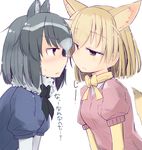  animal_ears blonde_hair blue_sweater blush bow bowtie brown_eyes commentary_request common_raccoon_(kemono_friends) extra_ears eye_contact eyebrows_visible_through_hair face-to-face fennec_(kemono_friends) fox_ears from_side fur_collar grey_hair hakuun_(m2230) half-closed_eyes head_tilt imminent_kiss jitome kemono_friends looking_at_another multicolored_hair multiple_girls parted_lips pink_sweater raccoon_ears short_hair short_sleeves simple_background sweater translation_request upper_body white_background yuri 