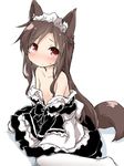  alternate_costume animal_ears apron bare_shoulders black_dress blush brown_hair commentary_request dress enmaided imaizumi_kagerou long_hair looking_at_viewer maid maid_headdress natsu_no_koucha off_shoulder pantyhose red_eyes simple_background sitting solo sweatdrop tail touhou white_background white_legwear wolf_ears wolf_tail younger 