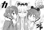  :d ^_^ animal_ears arm_around_shoulder bags_under_eyes bunny_ears cellphone character_print closed_eyes commentary_request fake_animal_ears freckles girl_sandwich grin hairband kuroki_tomoko monochrome mouse_ears multiple_girls necktie onomatopoeia open_mouth phone sandwiched satou_takumi school_uniform smartphone smile sweatdrop sweater taking_picture tamura_yuri tanaka_mako uchi_emiri watashi_ga_motenai_no_wa_dou_kangaetemo_omaera_ga_warui! yoshida_masaki 