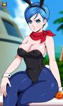  1girl angry animal_ears areola_slip areolae bare_arms bare_shoulders blue_eyes blue_hair blue_legwear breasts bulma bunny_ears bunny_girl bunny_suit bunny_tail bunnysuit cleavage curvy dragon_ball dragon_ball_super erect_nipples female hand_on_knee hips huge_ass kyoffie12 large_ass large_breasts legs_crossed leotard pantyhose scarf short_hair solo thick_thighs thighs wide_hips wrist_cuffs 