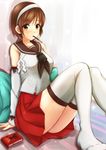  absurdres bed box brown_eyes brown_hair detached_sleeves eating food hairband headband highres kantai_collection koru_pera mouth_hold natori_(kantai_collection) pillow pleated_skirt pocky school_uniform serafuku short_hair sitting skirt solo thighhighs white_hairband white_legwear 