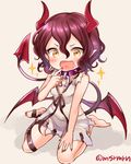  1girl :d bangs bare_arms bare_shoulders barefoot black_ribbon blush breasts brown_background brown_eyes chain collar covered_nipples demon_girl demon_horns demon_tail demon_wings dress drooling fang finger_to_mouth full_body hair_between_eyes hand_on_leg heart heart_in_mouth horns looking_at_viewer lucy_malebolge marshmallow_mille nail_polish open_mouth pointing pointing_at_self pointy_ears purple_collar purple_hair red_nails ribbon ribbon-trimmed_dress saliva shironeko_project short_hair simple_background sitting sleeveless sleeveless_dress small_breasts smile solo sparkle tail tail_raised toenail_polish torn_clothes torn_dress twitter_username v-shaped_eyebrows wariza wavy_mouth white_dress wings 