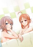  ahoge bangs bath bathing bathtub blue_eyes blush chin_rest commentary_request convenient_arm dutch_angle grey_hair hair_bun half-closed_eyes hand_on_own_cheek looking_at_another looking_at_viewer love_live! love_live!_sunshine!! multiple_girls nude orange_hair red_eyes shared_bathing short_hair smile suzume_miku takami_chika tile_wall tiles watanabe_you wet 