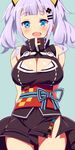  9law :d aqua_background arms_behind_back bare_shoulders black_shirt black_skirt blue_eyes blush breasts cleavage cleavage_cutout cowboy_shot eyebrows_visible_through_hair hair_ornament hairclip highres kaguya_luna kaguya_luna_(character) large_breasts lavender_hair looking_at_viewer miniskirt no_panties obi open_mouth sash shirt short_hair side_slit simple_background skirt skirt_lift sleeveless sleeveless_shirt smile solo twintails virtual_youtuber wind wind_lift 