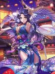  architecture armpits arms_up bare_shoulders blue_hair blue_jacket blue_kimono blurry blurry_background bow box_(hotpppink) breasts closed_mouth collarbone depth_of_field east_asian_architecture eyebrows_visible_through_hair floating_hair floral_print gem green_eyes highres holding holding_sword holding_weapon jacket japanese_clothes kimono lantern large_breasts leg_up light_particles light_smile long_hair long_sleeves looking_at_viewer night night_sky obi official_art ootachi open_clothes open_jacket outdoors print_kimono purple_bow purple_sky railing river sandals sash sengoku_kishin_valkyrie shiny shiny_hair sidelocks sky sleeveless sleeveless_kimono solo sparkle standing standing_on_one_leg striped_jacket sword tassel thighhighs thighs tsurime v-shaped_eyebrows weapon white_legwear wide_sleeves winged_hair_ornament 