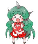  &gt;_&lt; :d bare_arms blush buttons buuwa chibi closed_eyes cloud_print collared_shirt curly_hair eyebrows eyebrows_visible_through_hair geta green_hair horn kariyushi_shirt komano_aun legs_apart long_hair no_nose open_mouth pigeon-toed red_shirt shirt short_sleeves shorts simple_background smile solo standing tail touhou v-shaped_eyebrows very_long_hair white_background white_shorts xd 