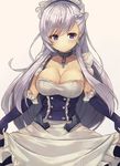  apron azur_lane bangs beige_background belfast_(azur_lane) blue_dress blue_gloves blush braid breasts broken broken_chain buttons chain cleavage closed_mouth collar collarbone commentary corset dress elbow_gloves eyebrows_visible_through_hair french_braid frilled_apron frilled_gloves frills gloves highres large_breasts long_hair maid_apron maid_headdress motokonut purple_eyes silver_hair simple_background skirt_hold smile solo standing underbust very_long_hair white_apron 