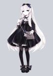  bag black_dress black_legwear blue_eyes bow commentary_request dress expressionless full_body grey_background highres long_hair mary_janes original pantyhose ribbon shiro_yurine shoes simple_background solo standing white_hair 