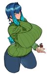  blue_eyes blue_hair blush breasts closed_mouth commentary_request cropped_legs denim gift highres huge_breasts impossible_clothes impossible_sweater jeans long_hair looking_at_viewer original pants ribbed_sweater solo space_jin sweater thighs tsurime zoe_(space_jin) 