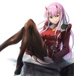  :q aqua_eyes ass bangs black_legwear breasts closed_mouth commentary_request darling_in_the_franxx eyebrows_visible_through_hair hair_between_eyes hairband herozu_(xxhrd) horns knees_up legs_together long_hair long_sleeves looking_at_viewer medium_breasts oni_horns pantyhose pantyhose_pull pink_hair red_horns red_shirt shiny shiny_hair shirt simple_background sitting smile solo tongue tongue_out uniform white_background white_hairband zero_two_(darling_in_the_franxx) 