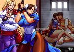  2boys 2girls abs angry asian balrog bare_arms bare_shoulders barefoot blonde_hair braids breasts caucasian chun-li closed_mouth curvy feet fingerless_gloves gloves gun hairbuns headband hips holding holding_weapon jadenkaiba jealous kasugano_sakura large_ass large_breasts legs legs_crossed licking long_hair looking_back multiple_boys multiple_girls muscle muscula red_cleavage rose ryuu_(street_fighter) short_hair smile street_fighter teeth thick_thighs thighs very_long_hair wide_hips 