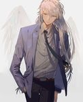  blue_eyes cardcaptor_sakura closed_mouth cowboy_shot dal_(edalnem) formal hand_in_pocket long_hair looking_away low-tied_long_hair male_focus necktie school_uniform solo suit very_long_hair white_background white_hair white_wings wings yue_(ccs) 