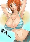 1girl armpits bare_arms bare_shoulders belt bikini bikini_top booty_shorts breasts brown_eyes cleavage curvy female japanese_text large_breasts nami_(one_piece) navel nipples one_piece orange_hair solo stomach tagme tongue 