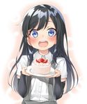 :d arm_warmers asashio_(kantai_collection) bangs black_hair blue_eyes blush cake commentary_request dress_shirt ebifurya eyebrows_visible_through_hair feeding food fruit highres holding holding_plate kantai_collection long_hair looking_at_viewer open_mouth plate pov_feeding round_teeth shirt short_sleeves smile solo strawberry suspenders teeth upper_body white_background white_shirt 
