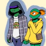  2018 anthro bandanna candy clothed clothing donatello_(tmnt) duo food hand_holding handbag holding_object inkyfrog licking lollipop long_sleeves male mask michelangelo_(tmnt) mouth_hold reptile scalie shell simple_background standing teenage_mutant_ninja_turtles tongue tongue_out turtle 