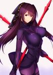  bodysuit breasts commentary_request fate/grand_order fate_(series) gae_bolg holding holding_weapon large_breasts long_hair looking_at_viewer polearm purple_bodysuit purple_hair red_eyes saisarisu scathach_(fate)_(all) scathach_(fate/grand_order) solo spear weapon 