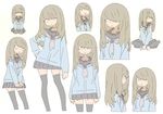  absurdres bad_id bad_pixiv_id black_legwear blush brown_hair character_sheet hair_over_one_eye hand_on_hip highres long_hair masikakuma multiple_views open_mouth original pleated_skirt school_uniform seiza serafuku simple_background sitting skirt tears thighhighs white_background 