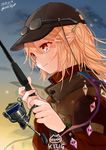  alternate_costume baseball_cap black_hat blonde_hair blurry blurry_background closed_mouth dated eyewear_on_head fingernails fish_hair_ornament fishing_rod flandre_scarlet glasses gotoh510 hair_between_eyes hair_ornament hat highres holding jacket long_hair outdoors pointy_ears red_eyes side_ponytail sky smile solo touhou upper_body vest wings 