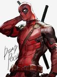  belt bodysuit character_name deadpool deadpool_(movie) looking_at_viewer male_focus marvel mask shycocoa solo superhero sword sword_behind_back weapon 