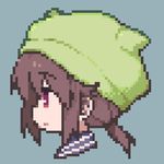  brown_eyes brown_hair character_request closed_mouth copyright_request eyebrows_visible_through_hair from_side green_hat hat looking_away okayparium pixel_art short_hair short_ponytail solo upper_body 