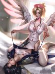  black_hair blonde_hair blood blood_stain breasts choker cleavage genderswap genderswap_(mtf) hanzo_(overwatch) hat holding_clothes liang_xing lying mechanical_wings mercy_(overwatch) multiple_girls nurse nurse_cap on_back overwatch thighhighs wings yuri 