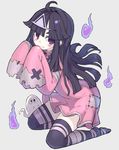  :3 bangs black_hair blue_fire blue_legwear blunt_bangs blush closed_mouth commentary_request dress fire full_body gatakigi_gama ghost grey_background hands_up highres kneeling long_hair long_sleeves looking_at_viewer no_shoes original pink_dress purple_eyes short_dress simple_background sleeves_past_wrists solo striped striped_legwear thighhighs triangular_headpiece zettai_ryouiki 