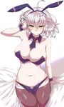  animal_ears bare_shoulders blush breasts bunny_ears cleavage commentary_request curvy fate/grand_order fate_(series) frown groin hand_on_own_head highres huge_breasts jeanne_d'arc_(alter)_(fate) jeanne_d'arc_(fate)_(all) looking_at_viewer lowleg_pantyhose navel pantyhose silver_hair solo thick_thighs thigh_gap thighhighs thighs wakura_(gcdan) wide_hips wrist_cuffs yellow_eyes 