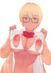  bakushiishi_at blonde_hair blue_eyes bow bra breasts cardigan commentary_request eyebrows_visible_through_hair glasses highres lactation large_breasts navel nipples open_bra open_cardigan open_clothes open_shirt original school_uniform shirt short_hair solo underwear upper_body 