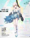  bangs bare_shoulders bison_cangshu blue_dress breasts character_name cleavage cleavage_cutout collar collarbone dress earrings eyebrows_visible_through_hair full_body garter_straps girls_frontline gun high_heels highres holding holding_weapon jewelry logo long_sleeves looking_at_viewer medium_breasts official_art red_eyes rmb-93 rmb-93_(girls_frontline) short_hair shotgun silver_hair simple_background smile snowflakes solo strapless strapless_dress thighhighs weapon white_legwear zettai_ryouiki 