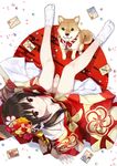  amagai_tarou arm_support between_legs breasts brown_eyes brown_hair collarbone commentary_request dog floral_print flower from_above hair_flower hair_ornament hair_scrunchie hand_between_legs highres japanese_clothes kimono long_hair long_sleeves looking_at_viewer looking_up new_year no_shoes off_shoulder original scrunchie shiba_inu side_ponytail sitting small_breasts socks solo tabi white_legwear white_scrunchie wide_sleeves 