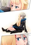  2girls ange_(princess_principal) blonde_hair blue_eyes blush hug llr multiple_girls princess_(princess_principal) princess_principal smile white_hair yuri 