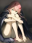 aqua_eyes bangs barefoot blue_jacket breasts cape commentary_request convenient_arm covering_mouth dark_background darling_in_the_franxx expressionless feet full_body hair_between_eyes herozu_(xxhrd) horns jacket jacket_on_shoulders knees_to_chest knees_together_feet_apart knees_up leg_hug legs light long_hair looking_at_viewer medium_breasts naked_cape naked_coat pink_hair shiny shiny_hair simple_background sitting solo toes tsurime underboob very_long_hair zero_two_(darling_in_the_franxx) 