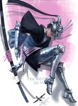  armor artist_name black_hair commentary highres knees_up long_hair looking_down multicolored multicolored_background multicolored_clothes original shadow silver_footwear solo sword weapon wlop 