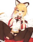  animal_ears bangs bare_shoulders blonde_hair blush breasts brown_legwear cameltoe choker commentary_request eyebrows_visible_through_hair fang feet_out_of_frame granblue_fantasy hands_up highres nibiiro_shizuka open_mouth orange_eyes pantyhose short_eyebrows short_hair simple_background sitting small_breasts solo spread_legs sweatdrop thick_eyebrows torn_clothes torn_legwear vajra_(granblue_fantasy) white_background 