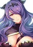  bangs breasts camilla_(fire_emblem_if) cleavage fire_emblem fire_emblem_if hair_over_one_eye head_tilt kokouno_oyazi large_breasts lips long_hair looking_at_viewer purple_eyes purple_hair simple_background smile solo tiara wavy_hair 