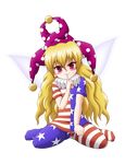  american_flag american_flag_dress american_flag_print ass_visible_through_thighs asymmetrical_clothes asymmetrical_legwear bangs between_legs blonde_hair blush breasts c: closed_mouth clownpiece commentary_request dress eyebrows eyebrows_visible_through_hair eyelashes fairy fairy_wings finger_to_mouth fingernails flag_print full_body hair_between_eyes hand_between_legs hat head_tilt highres jester_cap kappei legs_apart long_hair looking_at_viewer multicolored multicolored_clothes multicolored_dress multicolored_legwear neck_ruff pantyhose pink_eyes polka_dot polka_dot_hat purple_hat shiny shiny_hair short_dress short_sleeves sitting small_breasts smile solo star star_print striped striped_dress striped_legwear touhou transparent_background tsurime very_long_hair wariza wavy_hair wings 