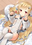  absurdres ahoge azur_lane bangs bare_shoulders bite_mark blonde_hair blush breasts candy character_name collarbone commentary_request covered_navel detached_sleeves eldridge_(azur_lane) eyebrows_visible_through_hair facial_mark food fujieda_uzuki fur_collar gloves hair_ornament hairclip heart highres holding holding_lollipop indoors lollipop long_hair long_sleeves looking_at_viewer lying lying_on_lap mole_on_thigh on_back open_mouth panties pants pantyshot pantyshot_(lying) pov puffy_long_sleeves puffy_sleeves red_eyes sideboob small_breasts solo_focus thighhighs thighs tongue tongue_out trembling underwear v very_long_hair white_gloves white_legwear white_panties white_pants wooden_floor 