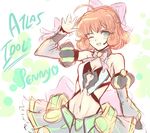 ahoge bare_shoulders bow bowtie breasts cat_with_a_brush cleavage commentary curly_hair detached_sleeves english green_eyes hair_bow headset idol idol_clothes midriff navel one_eye_closed open_mouth orange_hair penny_polendina rwby sketch smile solo waving 