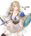  arm_guards armor armored_dress bangs belt blonde_hair blue_eyes breasts cleavage collarbone copyright_name cross-laced_clothes hair_ornament highres holding holding_sword holding_weapon large_breasts long_hair looking_at_viewer low-tied_long_hair parted_lips patterned_clothing shield shoulder_armor shoulder_pads simple_background skirt solo sophitia_alexandra soulcalibur soulcalibur_vi standing sword tetsu_(kimuchi) thighhighs thighs weapon white_skirt 