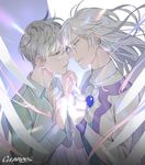  artist_name cardcaptor_sakura dual_persona ear_piercing floating_hair gearous glasses glowing green_shirt grey_hair holding_hands long_hair multiple_boys parted_lips piercing shirt short_hair spoilers tsukishiro_yukito wind yue_(ccs) 