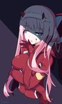  absurdres blood blood_on_face blue_eyes bodysuit breasts commentary darling_in_the_franxx eyebrows_visible_through_hair eyelashes hairband highres horns licking litsvn long_hair looking_to_the_side medium_breasts open_mouth pilot_suit pink_hair red_bodysuit shiny shiny_clothes shiny_hair simple_background solo taut_clothes tongue tongue_out upper_body zero_two_(darling_in_the_franxx) 