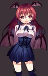  arms_behind_back bat_wings blouse breasts closed_mouth colored_eyelashes corset cowboy_shot douji eyebrows_visible_through_hair eyelashes gradient_hair grey_background hair_between_eyes head_tilt head_wings highres koakuma lips long_hair looking_at_viewer low_wings meme_attire multicolored_hair red_eyes red_hair simple_background skirt skirt_set smile solo thighhighs touhou underbust virgin_killer_outfit wings zettai_ryouiki 
