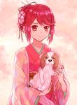  2018 animal blush carrying chinese_zodiac dog earrings highres homura_(xenoblade_2) japanese_clothes jewelry kimono looking_at_viewer new_year red_eyes red_hair saito_(pigrank) short_hair simple_background smile solo tiara xenoblade_(series) xenoblade_2 year_of_the_dog 
