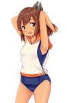  armpits arms_up brown_eyes brown_hair cowboy_shot hair_ornament hairclip highres i-401_(kantai_collection) kaede_shiroppu kantai_collection looking_at_viewer lying one-piece_swimsuit one-piece_tan open_mouth orange_sailor_collar ponytail sailor_collar sailor_shirt school_swimsuit shirt simple_background solo swimsuit tan tanline white_background 